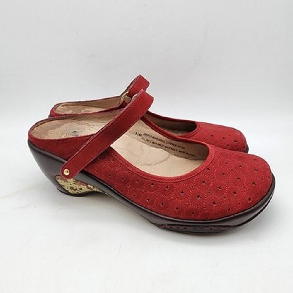 J-41 Mary Jane Shoes Clogs 9.5M Red Adventure On Jasper Wedge Mules Comfort